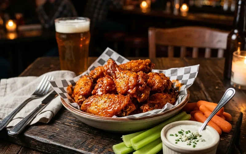 Boneless buffalo wings tossed in sauce with a side of dip