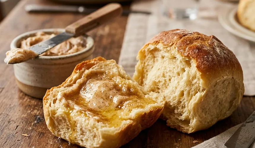Cinnamon honey butter spread on a torn warm dinner roll