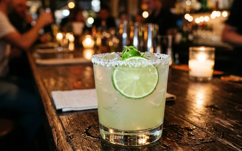 A classic margarita on the rocks with a salted rim and lime