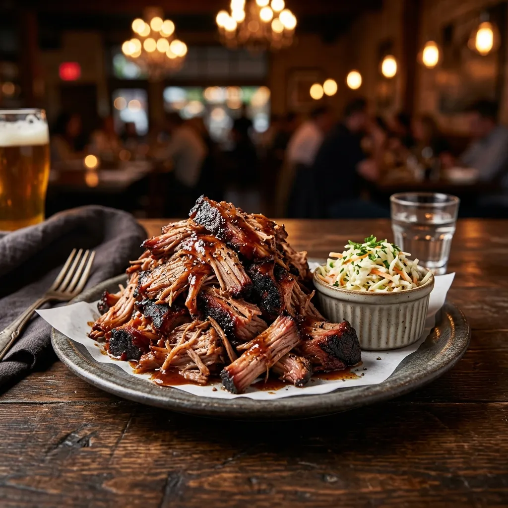 Slow cooked pulled pork family meal with sides and rolls