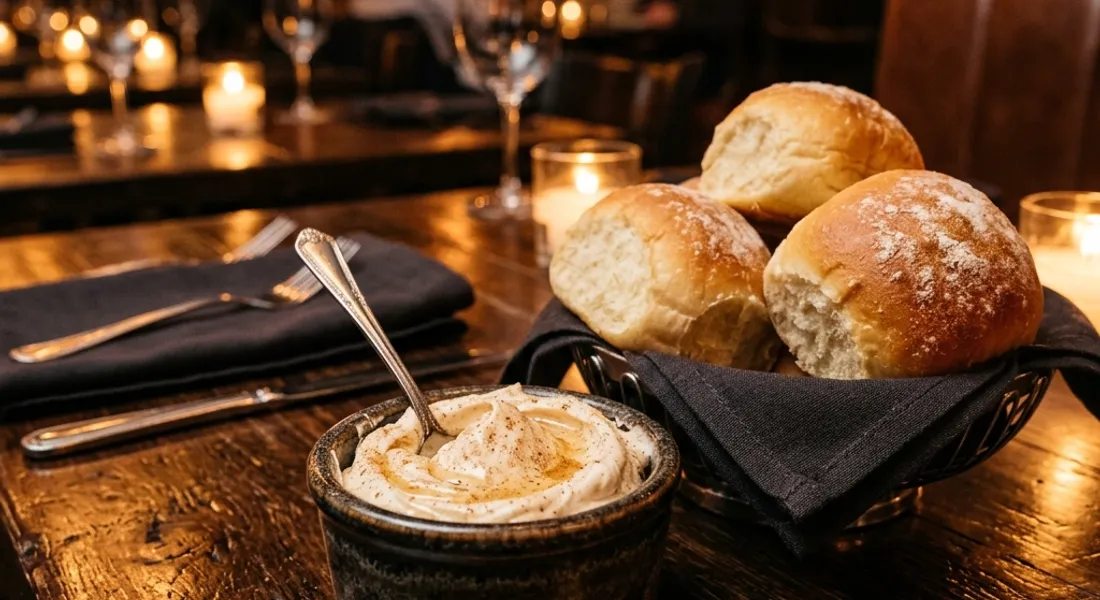 Whipped Texas Roadhouse cinnamon honey butter in a small bowl beside warm rolls