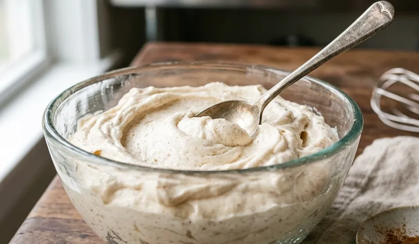 Pale whipped cinnamon honey butter in a glass bowl with a spoon